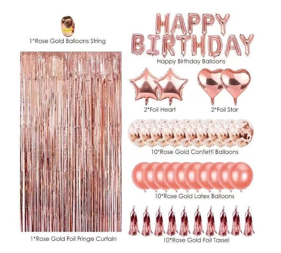 Rose Gold Confetti Balloons Girl Happy Birthday Party Foil Balloon Kit Rose Gold Foil Fringe Curtain tassel Party Decoration Set