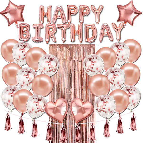 Rose Gold Confetti Balloons Girl Happy Birthday Party Foil Balloon Kit Rose Gold Foil Fringe Curtain tassel Party Decoration Set