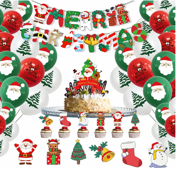 Christmas air balloons kit with Christmas banners and cake flags Xmas Christmas Eve New Year party balloon decorations supplies