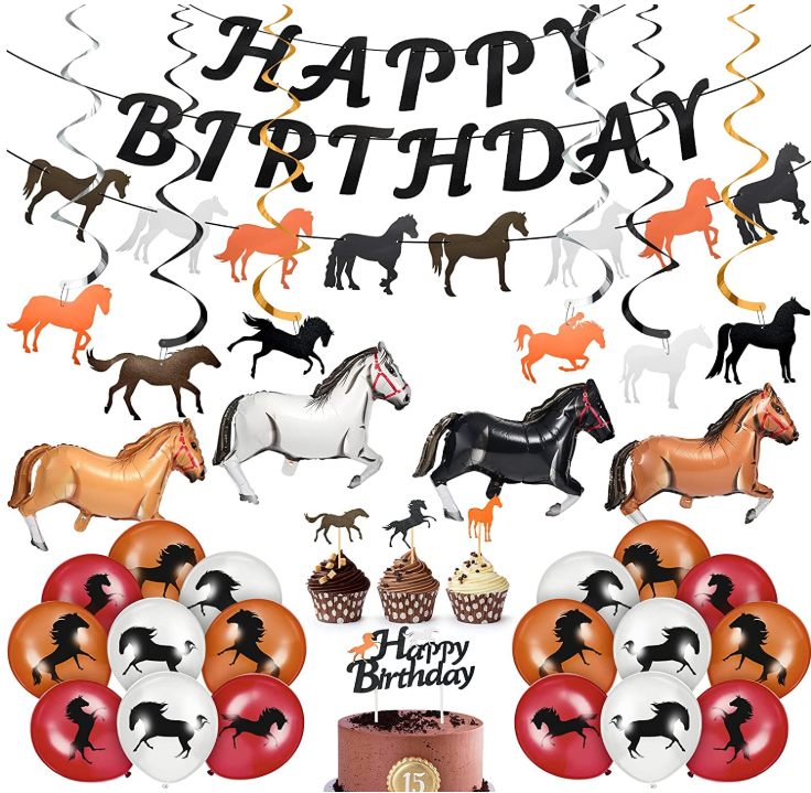 Horse race Theme Birthday party hanging Happy Birthday letter Paper banners and printed helium balloons set Horse cupcake topper