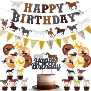 Horse race Theme Birthday party hanging Happy Birthday letter Paper banners and printed helium balloons set Horse cupcake topper