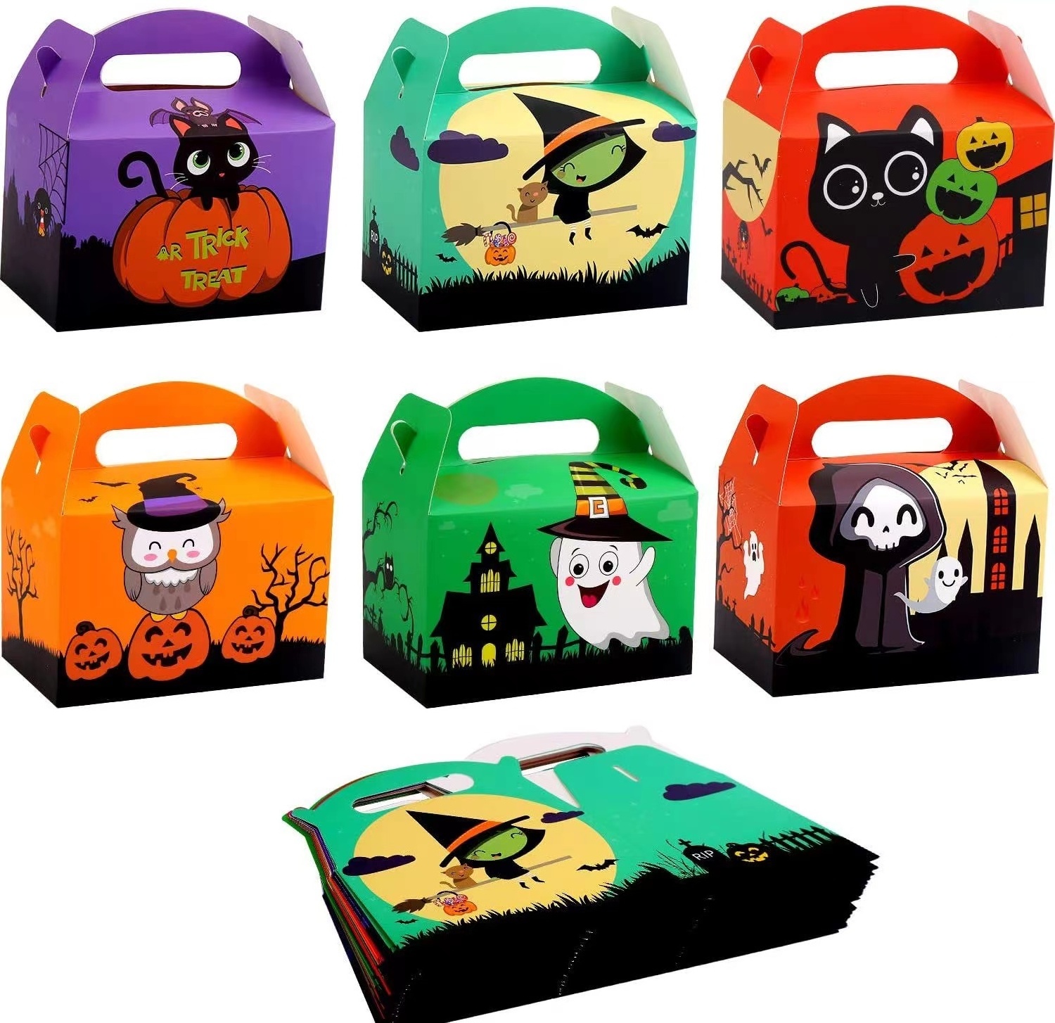 Halloween ghost witch Pumpkin Bat skull black cat owls pattern paper candy boxes box for Halloween trick or treat party supplies