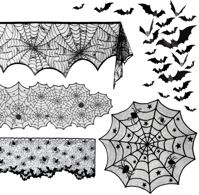 Spider Web Table Runners Mantel Scarf Happy Halloween Banner and 3D Bat Stickers for Halloween Home Kitchen Party Decoration set