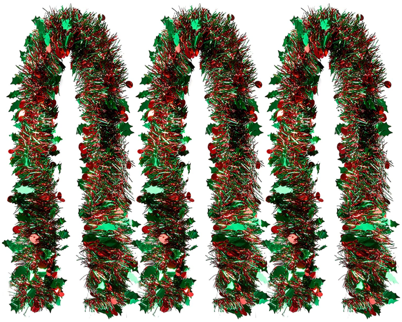 Christmas Tinsel Garland Metallic Green red Holly Tree Decoration 2m/6ft Hanging Xmas Classic Tinsel Decoration Wreath Garland