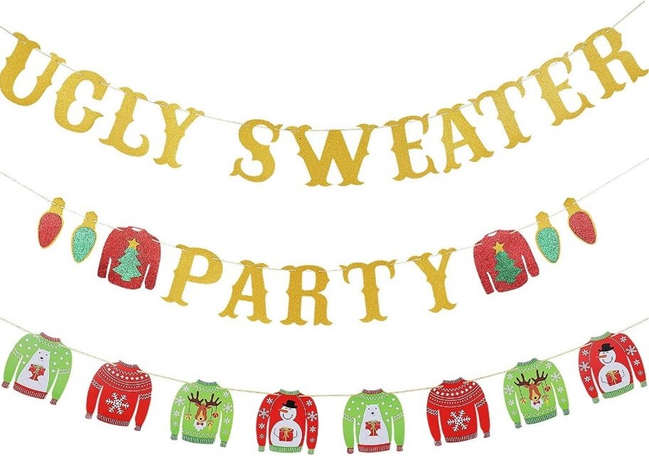 Ugly Sweater Let's Get Ugly Flags Signs Garland Red Green confetti Balloons UGLY AF foil Balloons for Holiday Xmas Party Decor