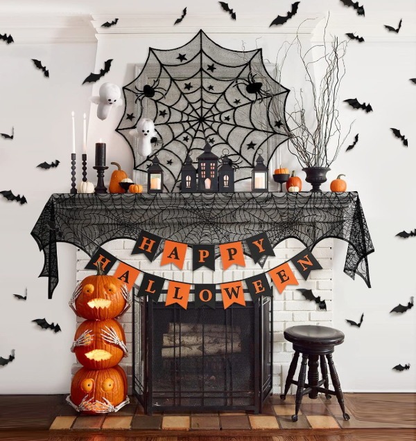 Spider Web Table Runners Mantel Scarf Happy Halloween Banner and 3D Bat Stickers for Halloween Home Kitchen Party Decoration set