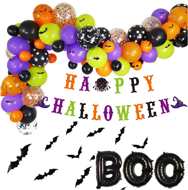 Scary Halloween latex Balloons Garland arch Kit BOO Foil Balloons with 3D Bat stickers for Trick or treat Party Decor Supplies