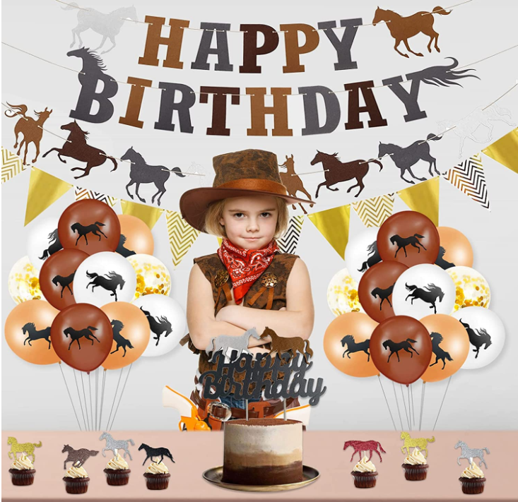 Horse race Theme Birthday party hanging Happy Birthday letter Paper banners and printed helium balloons set Horse cupcake topper