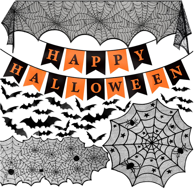 Spider Cobweb design Table covers cloths ornaments Happy Halloween flags and 3D Bat Stickers for Halloween Party Decor supplies