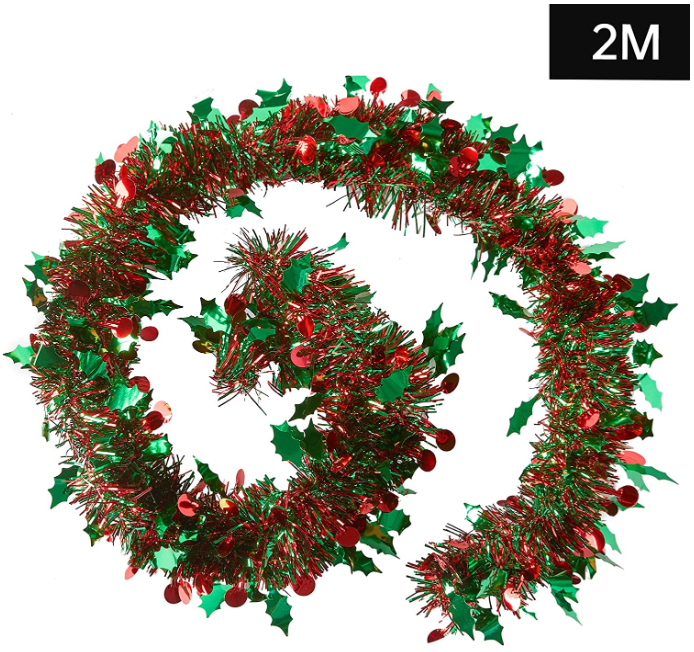 Christmas Tinsel Garland Metallic Green red Holly Tree Decoration 2m/6ft Hanging Xmas Classic Tinsel Decoration Wreath Garland