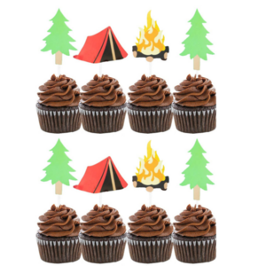 Campfire Tent tree design paper cake toppers Cupcake toppers for Camping picnic Bonfire Holiday event Party decoration supplies