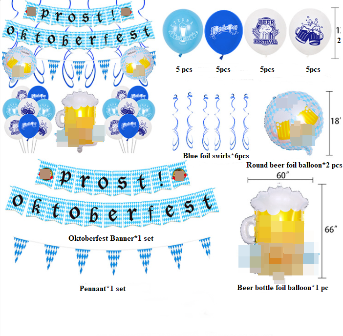 Blue white checker Prost Oktoberfest Paper Banners flags and Balloons garland hanging swirls for Oktoberfest event party decor