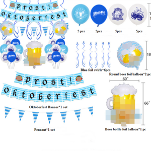 Blue white checker Prost Oktoberfest Paper Banners flags and Balloons garland hanging swirls for Oktoberfest event party decor