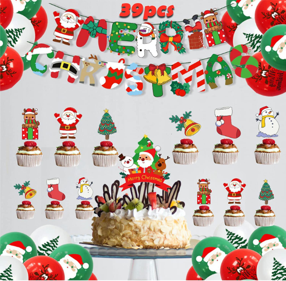 Christmas air balloons kit with Christmas banners and cake flags Xmas Christmas Eve New Year party balloon decorations supplies