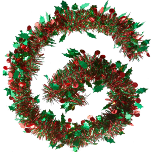 Christmas Tinsel Garland Metallic Green red Holly Tree Decoration 2m/6ft Hanging Xmas Classic Tinsel Decoration Wreath Garland