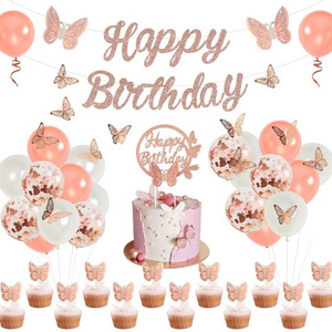 Butterfly theme women girl Birthday Party Happy Birthday Banner Butterflies cake Toppers helium confetti Balloons Decor supplies