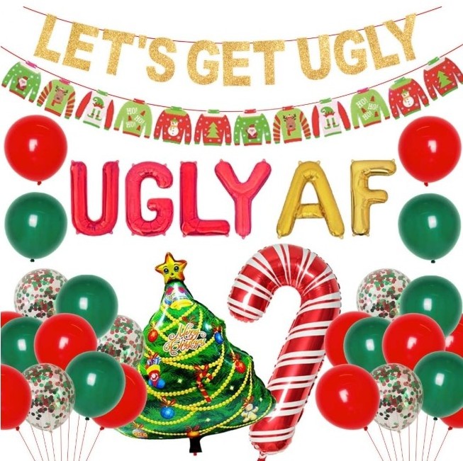 Ugly Sweater Let's Get Ugly Flags Signs Garland Red Green confetti Balloons UGLY AF foil Balloons for Holiday Xmas Party Decor