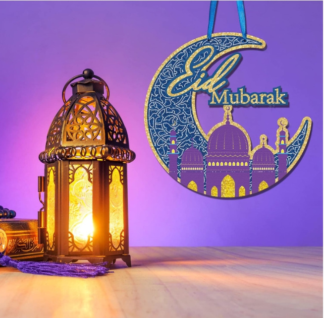 Ramadan Kareem/Eid Mubarak Moon Star Mosque Lantern Hanging signs banners ornament for Islam Muslim house door Wall Window Decor