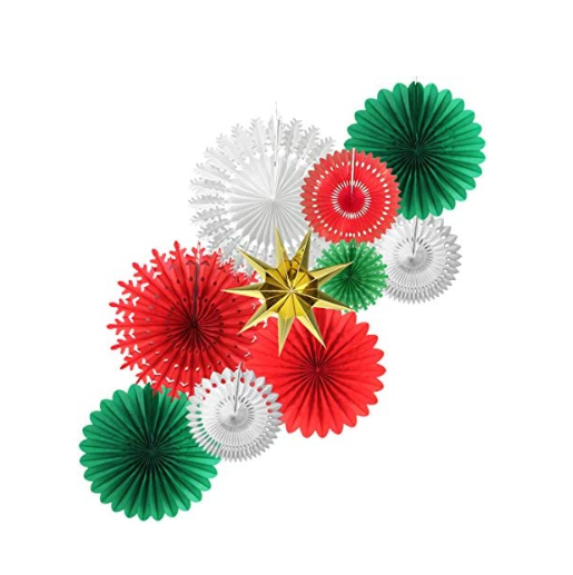 Green Red Paper Fan set Paper Honeycomb bunting Snowflake Star pendants ornament for New Year eve Christmas mall pub Party decor