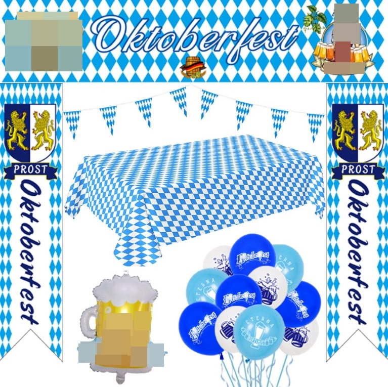 Blue white checker Prost Oktoberfest Paper Banners flags and Balloons garland hanging swirls for Oktoberfest event party decor