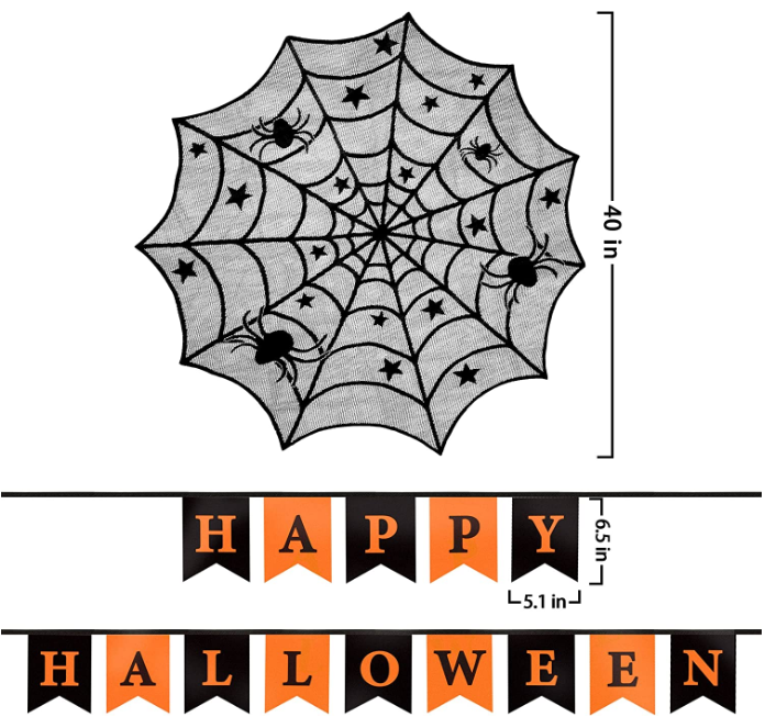 Spider Web Table Runners Mantel Scarf Happy Halloween Banner and 3D Bat Stickers for Halloween Home Kitchen Party Decoration set