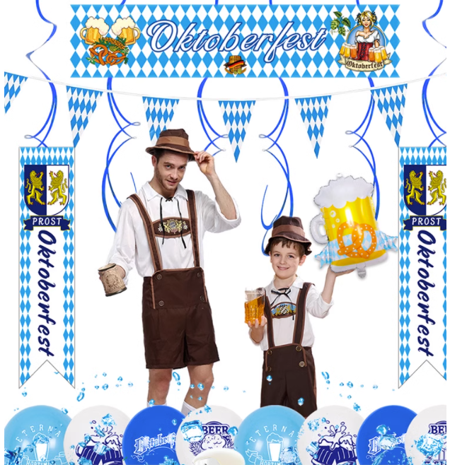 Blue white checker Prost Oktoberfest Paper Banners flags and Balloons garland hanging swirls for Oktoberfest event party decor