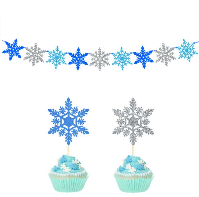 Glitter Snowflakes Cupcake Toppers Banners Garland and printed Balloons for Merry Christmas Wintertime Party Supplies decor set