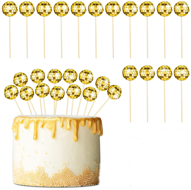 Custom gold silver confetti Disco Ball Acrylic Cupcake toppers cake toppers for Xmas New Year Ball Vacation Party decor supplies