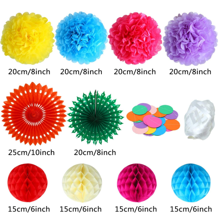 Hanging Paper Fan Tissue Pom Poms Flower Balls Honeycomb Rainbow Dots garland for Birthday Carnivals Christmas Party Decorations