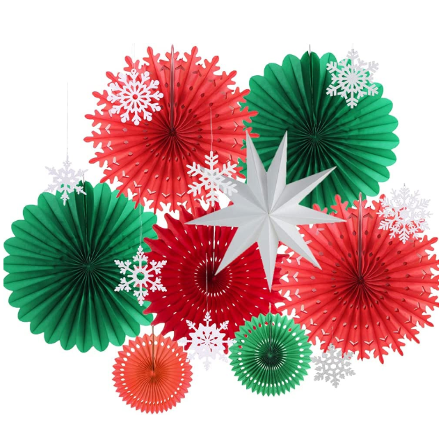 Green Red Paper Fan set Paper Honeycomb bunting Snowflake Star pendants ornament for New Year eve Christmas mall pub Party decor