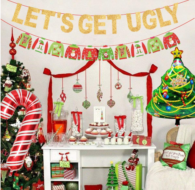 Ugly Sweater Let's Get Ugly Flags Signs Garland Red Green confetti Balloons UGLY AF foil Balloons for Holiday Xmas Party Decor