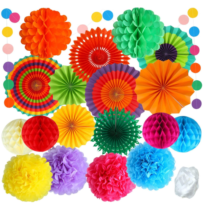 Hanging Paper Fan Tissue Pom Poms Flower Balls Honeycomb Rainbow Dots garland for Birthday Carnivals Christmas Party Decorations