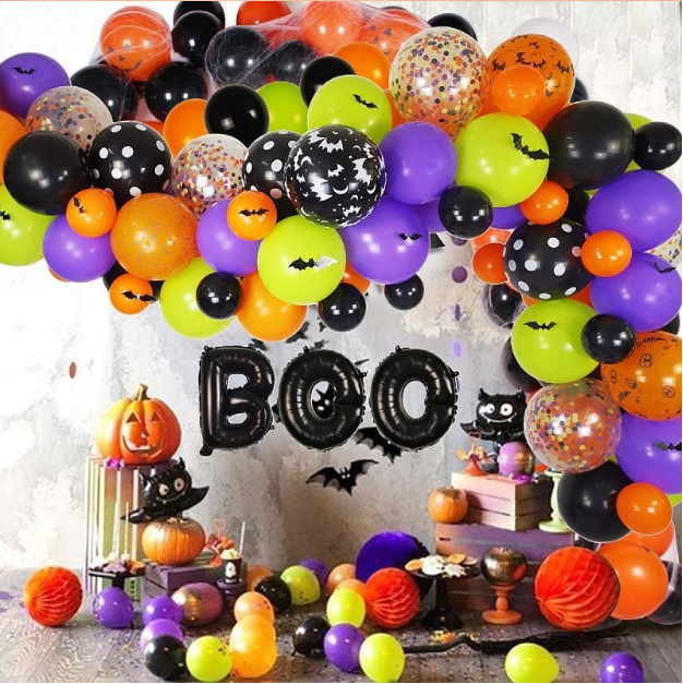 Scary Halloween latex Balloons Garland arch Kit BOO Foil Balloons with 3D Bat stickers for Trick or treat Party Decor Supplies