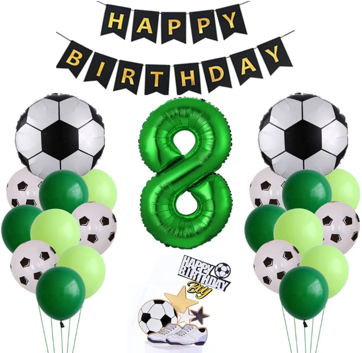 Soccer Football balloons Happy 8 year old boy birthday foil banner party decorations with football shoes sneaker cake topper tag