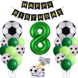 Soccer Football balloons Happy 8 year old boy birthday foil banner party decorations with football shoes sneaker cake topper tag