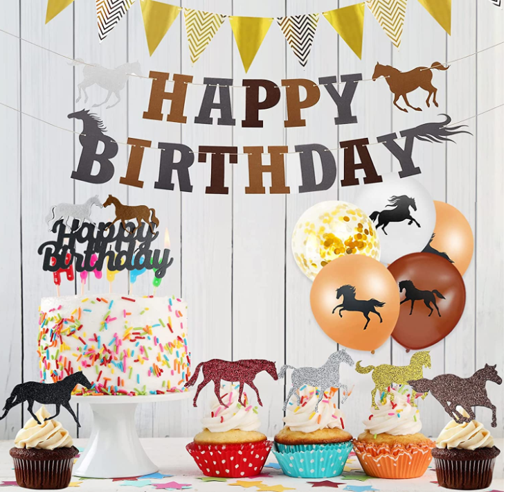 Horse race Theme Birthday party hanging Happy Birthday letter Paper banners and printed helium balloons set Horse cupcake topper