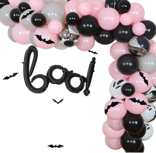 Pink Black Latex Balloon Garland Arch Kit with Bat Wall Stickers for Halloween Girls Birthday Baby Shower Boo party Decorations