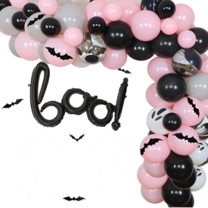 Pink Black Latex Balloon Garland Arch Kit with Bat Wall Stickers for Halloween Girls Birthday Baby Shower Boo party Decorations