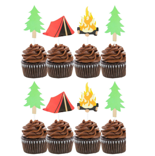 Custom Campfire Tent tree design Paper cake toppers Cupcake toppers for Camping picnic Holiday events Party decoration supplies