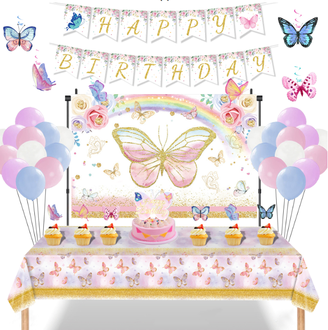 Butterfly Theme kids Birthday Party Decoration Set with Birthday Banners pastel balloons Backdrop poster Tablecloth cake toppers