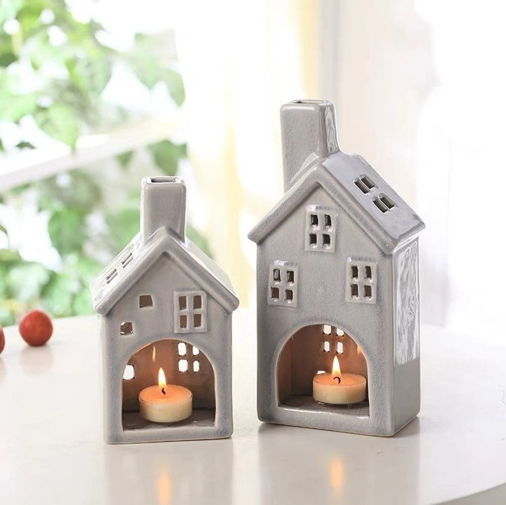 Creative Home Ornament White Ceramic Christmas House Tealight Candle holder