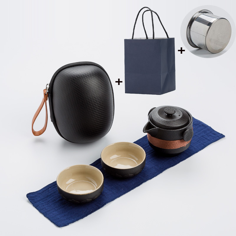 Black Portable Travel Tea Set Cheap Pottery Chinese Kung Fu Tea Set including 1 Pot and 2 Tea Cups