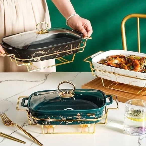 Rectangle Cheap Porcelain Chafing Dish Buffet Set Luxury Ceramic Gold Chafing Dish Kenya