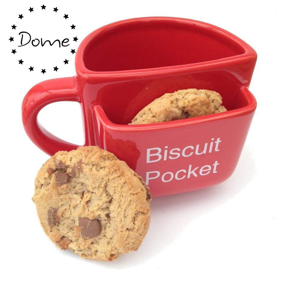 Ceramic promotional funny cup with cookie holder biscuit pocket coffee mug