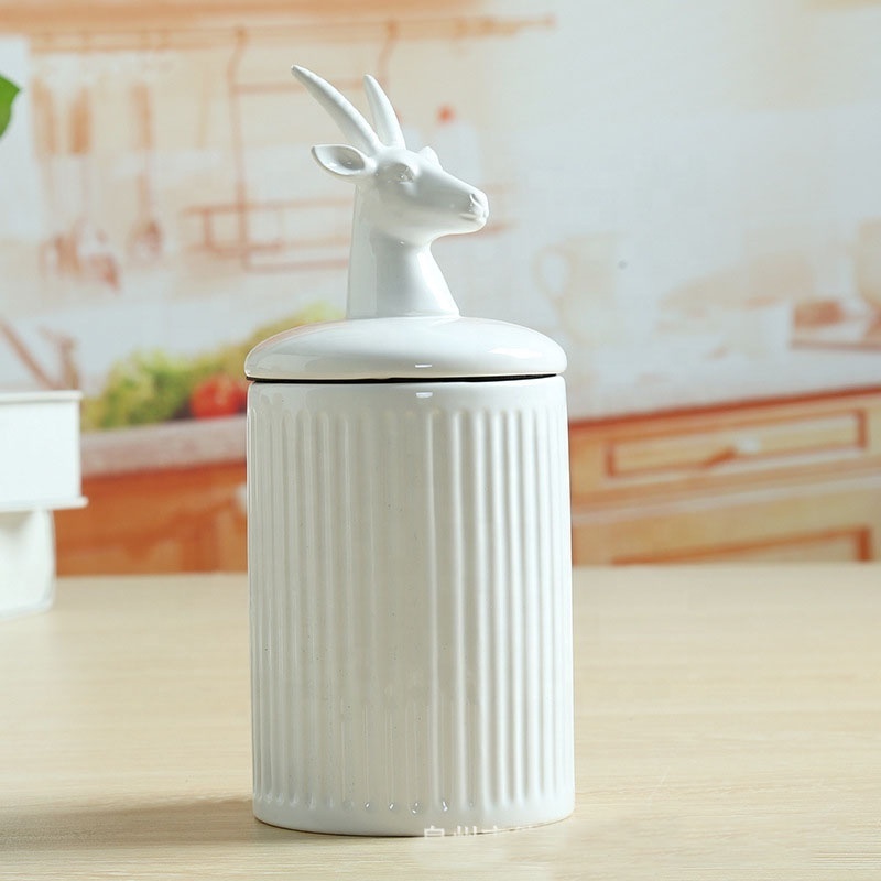 White Strip Animal Design Cylinder Porcelain Ceramic Food Cookie Candy Jar with Lid