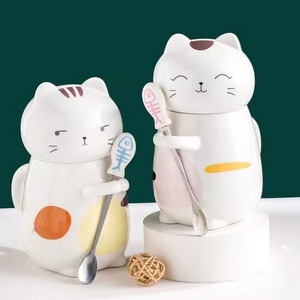 Cute 3D Cat Mug Funny Ceramic Coffee Tea Mug with Spoon and Lid Novelty Birthday Christmas Thanks Giving Gift for Cat Lovers