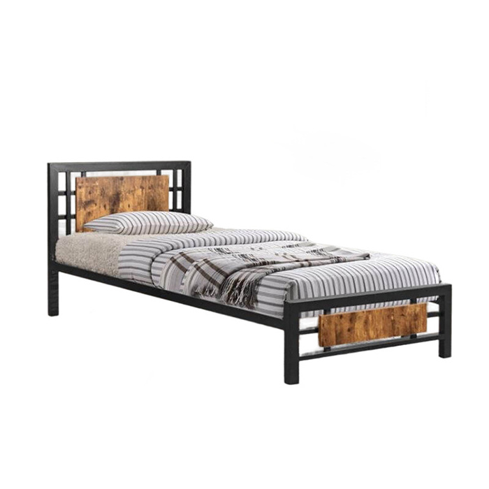 Single Metal Bed Frame KD-1515 Twin Size Iron Matt Black Wooden Headboard Iron Single Bed Frame