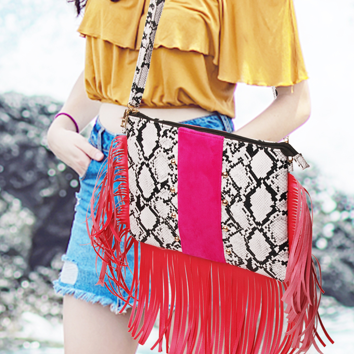 Cross Body Suede Fringe Bag Leather Bag In Cow Hide Print Cheetah Tassel Messenger Bag Snake Skin Hippy Tassel Purse DOM-1141208