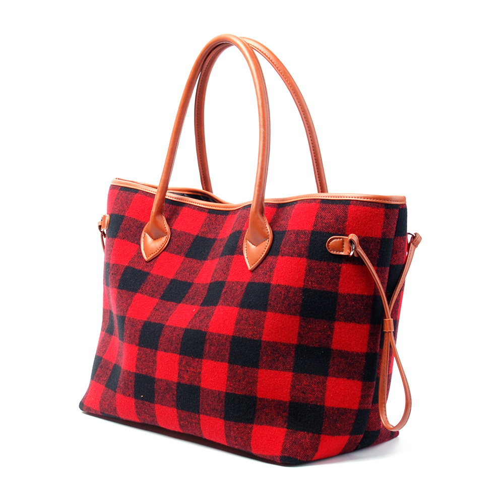 Wholesale Buffalo Plaid Tote Red Check Handbag with PU Handle and Magnetic Snap Closure DOM114377