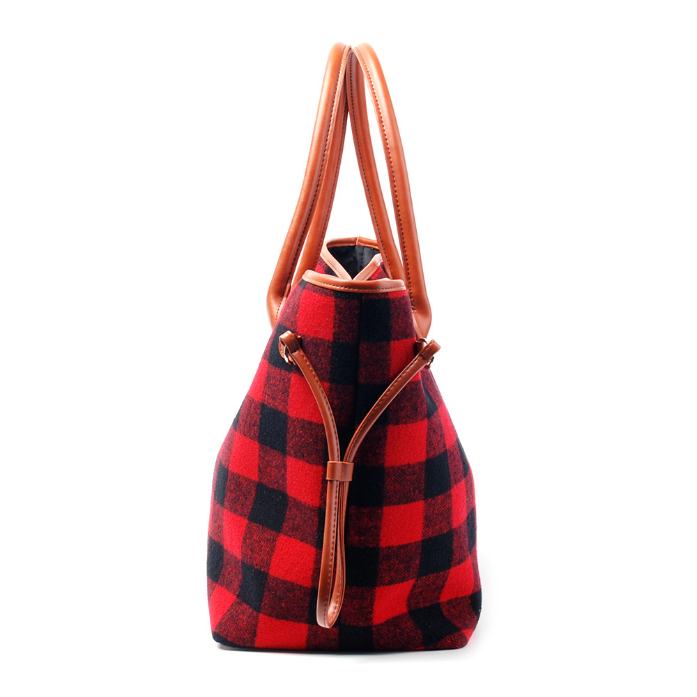 Wholesale Buffalo Plaid Tote Red Check Handbag with PU Handle and Magnetic Snap Closure DOM114377